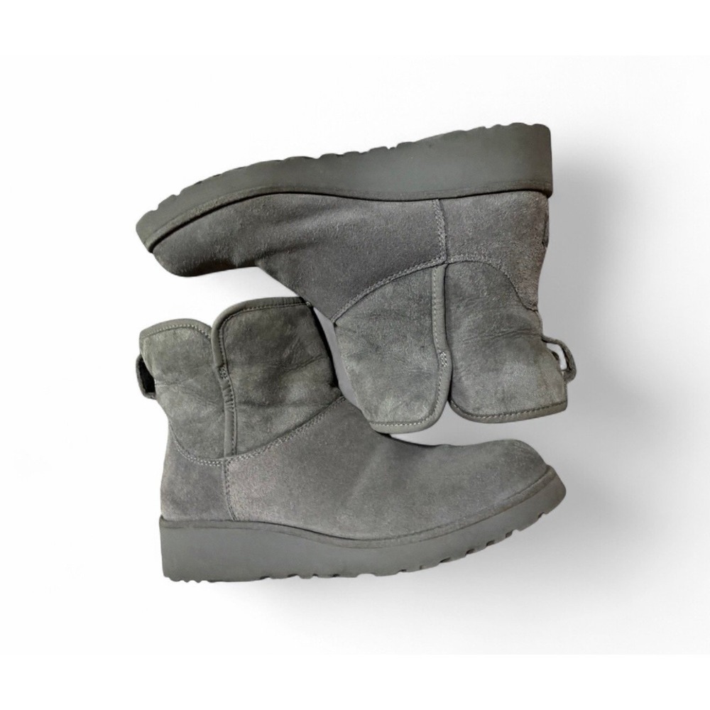 UGG Kristin Wedge Boots Womens 8 Gray Suede Sheepskin Foldover Ankle Boot